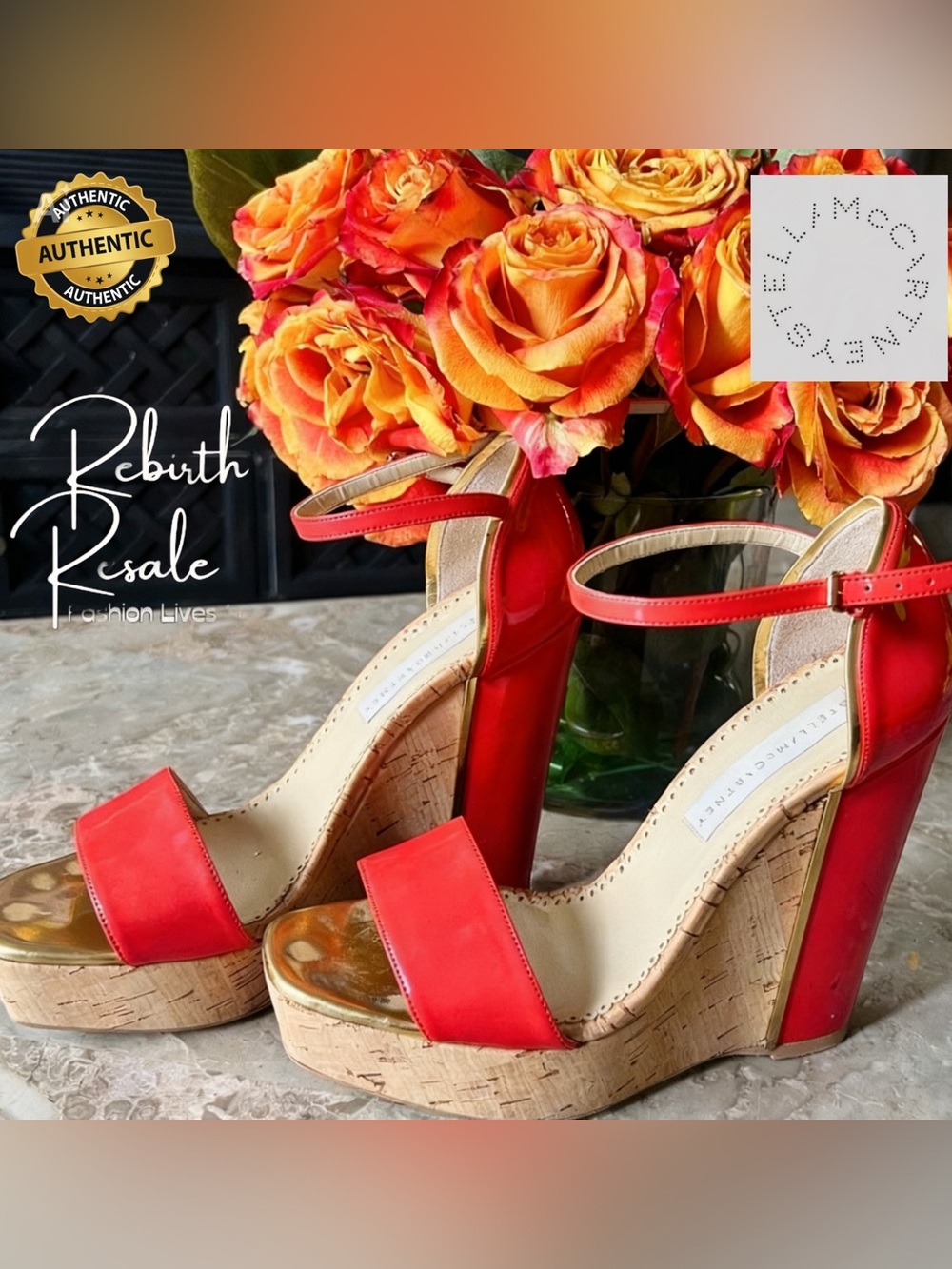 Stella McCartney Orange Patent Leather & Cork Platform Wedges Sz EU 38